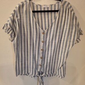 Chicsoul Blue and White Striped Front Tie Buttom Blouse - 1XL